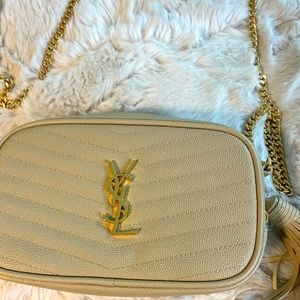 New YSL beige camera bag with gold hardware & tassel. Long gold chain cross body